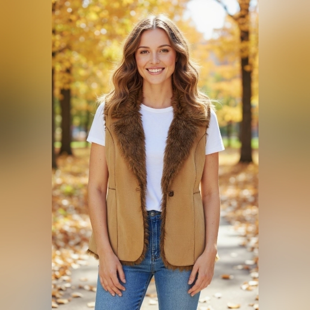 Fever -Vintage Faux Fur, Full Vest Polyester Suede, Size L Tan, 1 Button Closure - Picture 8 of 16
